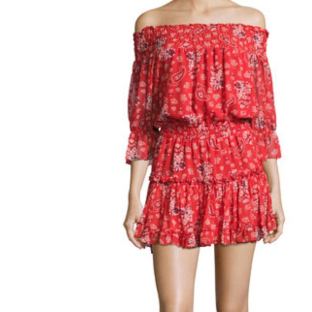 MISA LOS ANGELES SMOCKED OFF-THE-SHOULDER DRESS